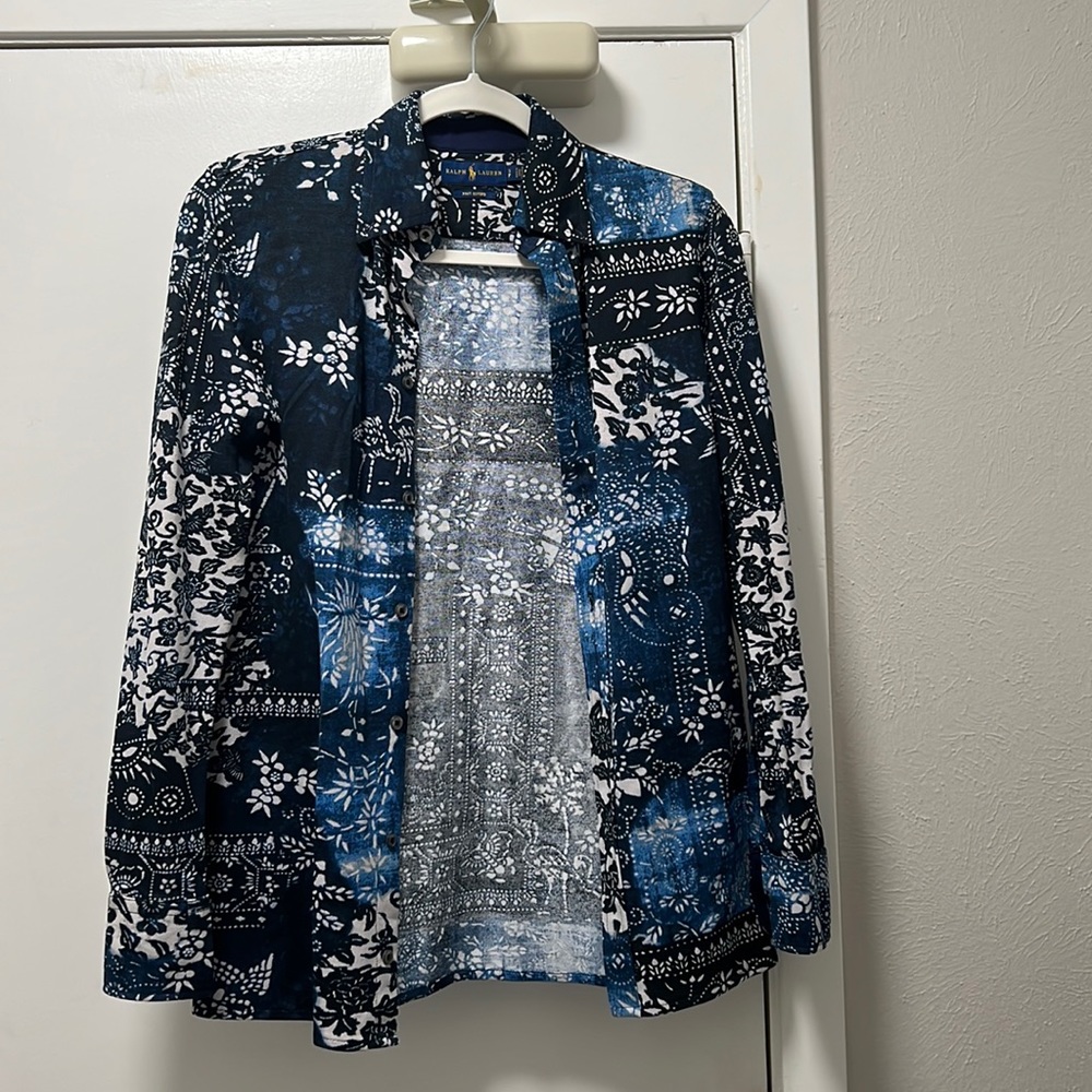 Button Up Shirt- Ralph Lauren - Blue/White flower print